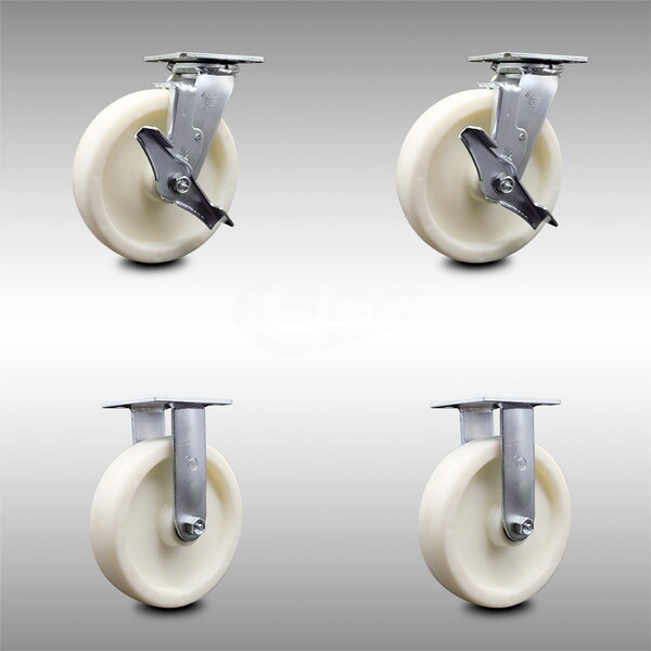 8 Inch Stainless Steel Nylon Caster Set with Ball Bearings 2 Brakes 2 Rigid SCC